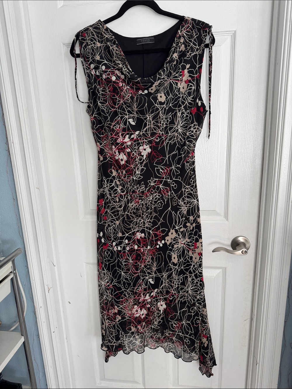 Prada Black Floral Midi Dress with Red and Cream Accents
